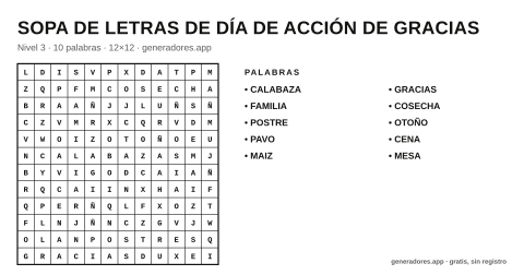 Sopa de letras de día de acción de gracias para imprimir
