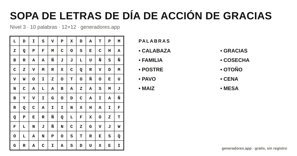 Sopa de letras de día de acción de gracias para imprimir