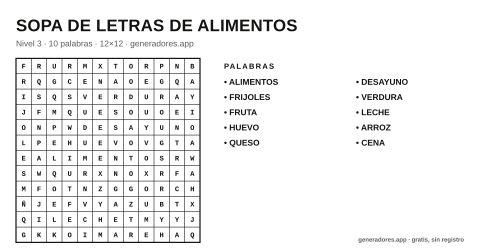 Sopa de letras de alimentos para imprimir