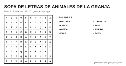 Sopa de letras de animales de la granja para imprimir