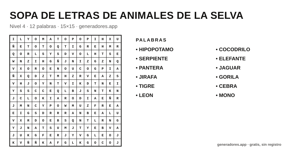 Sopa de letras de animales de la selva para imprimir