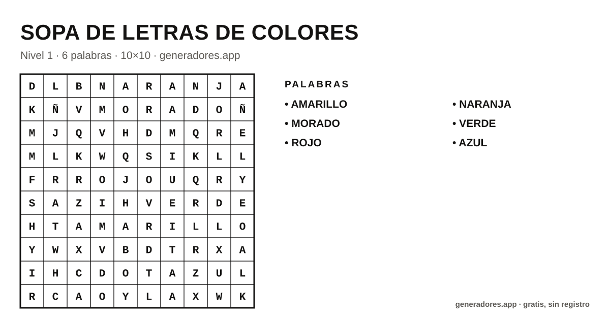 Sopa de letras de colores para imprimir