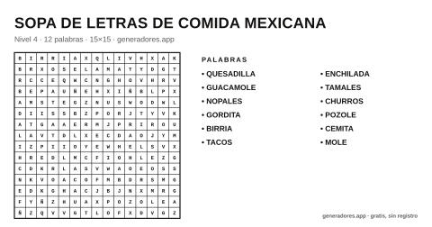 Sopa de letras de comida mexicana para imprimir