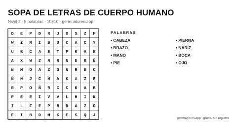 Sopa de letras de cuerpo humano para imprimir