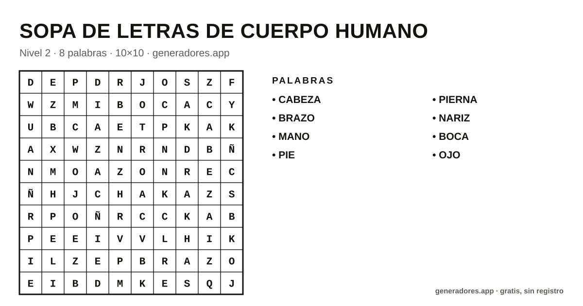Sopa de letras de cuerpo humano para imprimir