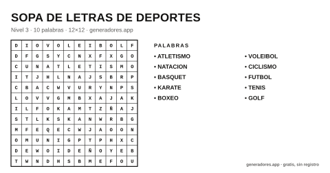 Sopa de letras de deportes para imprimir