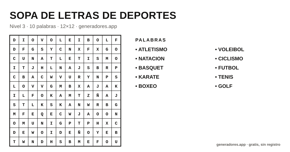 Sopa de letras de deportes para imprimir