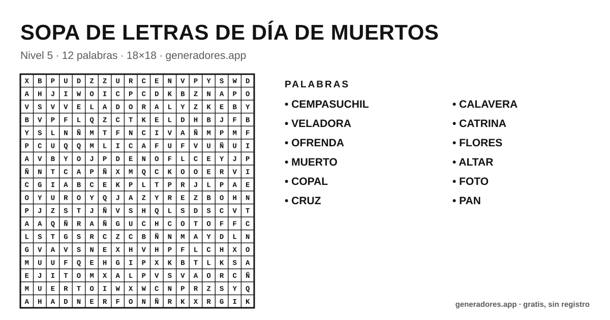 Sopa de letras de día de muertos para imprimir