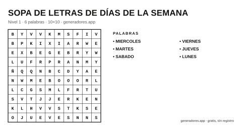 Sopa de letras de días de la semana para imprimir