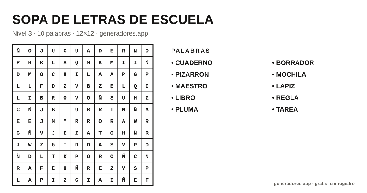 Sopa de letras de escuela para imprimir