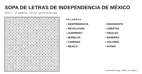 Sopa de letras de independencia de méxico para imprimir