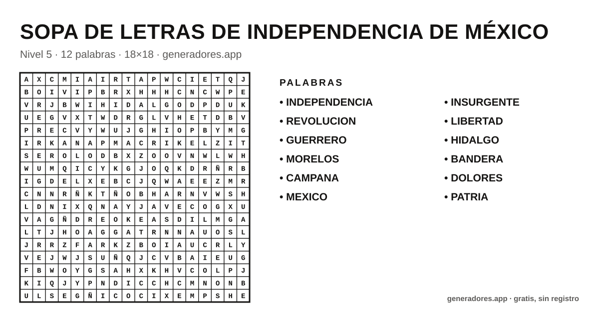 Sopa de letras de independencia de méxico para imprimir