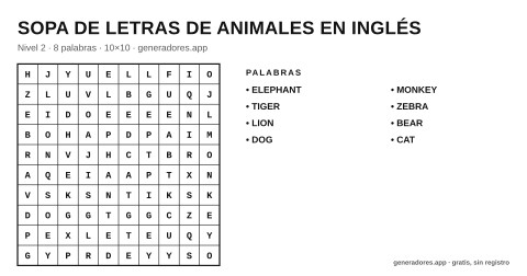 Sopa de letras de animales en inglés para imprimir
