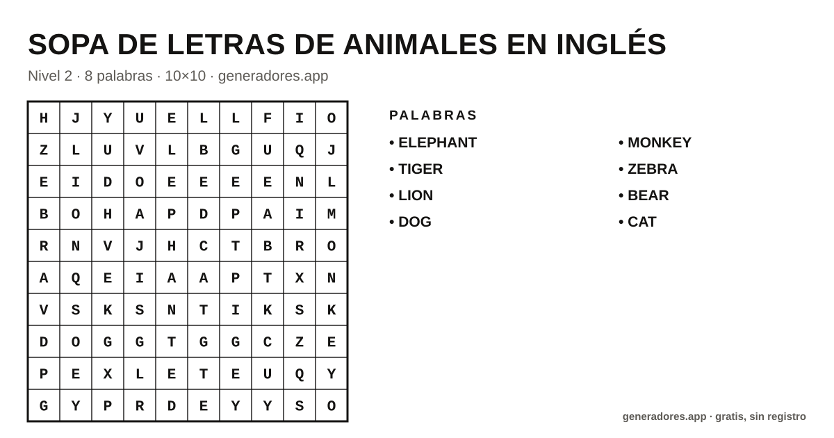 Sopa de letras de animales en inglés para imprimir