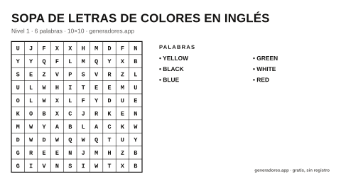 Sopa de letras de colores en inglés para imprimir