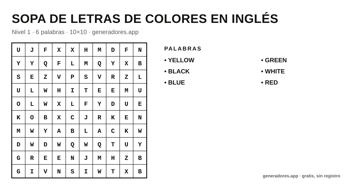 Sopa de letras de colores en inglés para imprimir