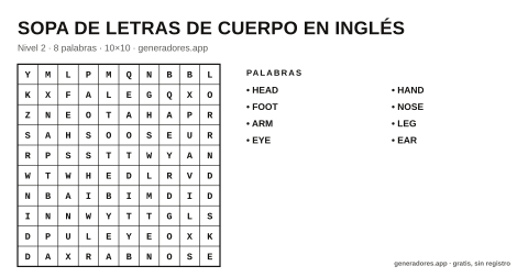 Sopa de letras de cuerpo en inglés para imprimir