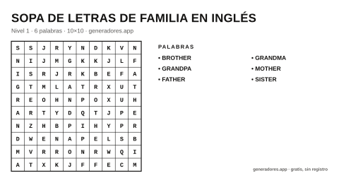 Sopa de letras de familia en inglés para imprimir