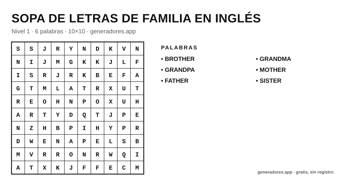 Sopa de letras de familia en inglés para imprimir
