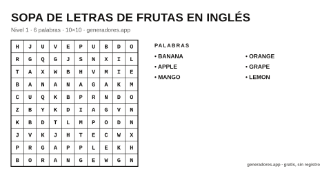 Sopa de letras de frutas en inglés para imprimir