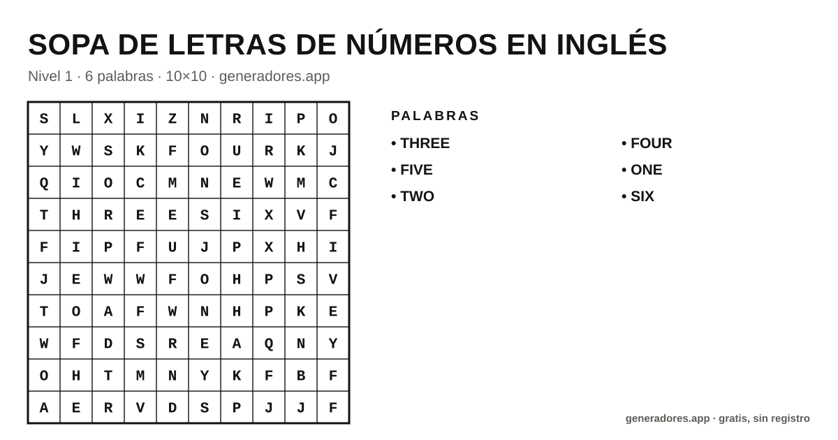 Sopa de letras de números en inglés para imprimir