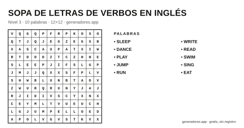 Sopa de letras de verbos en inglés para imprimir