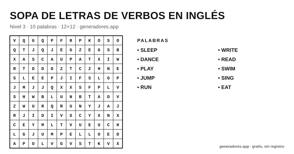 Sopa de letras de verbos en inglés para imprimir