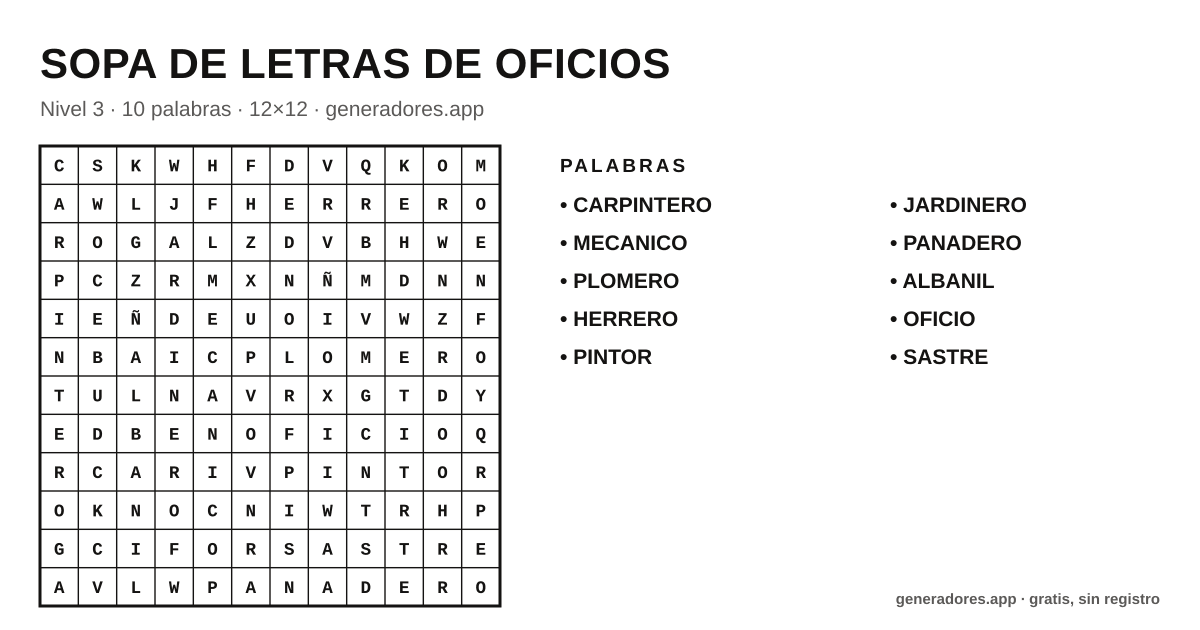 Sopa de letras de oficios para imprimir