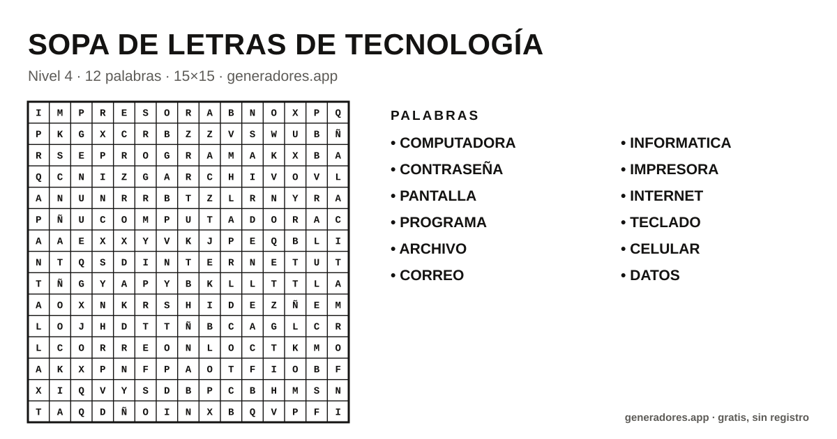 Sopa de letras de tecnología para imprimir