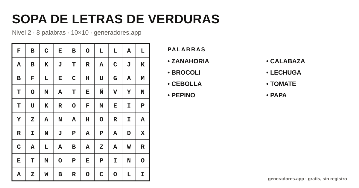Sopa de letras de verduras para imprimir