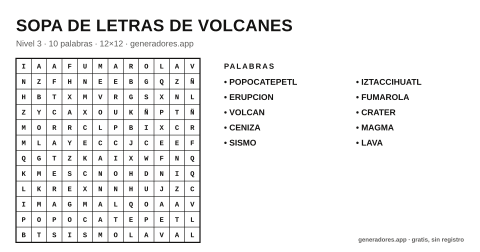 Sopa de letras de volcanes para imprimir