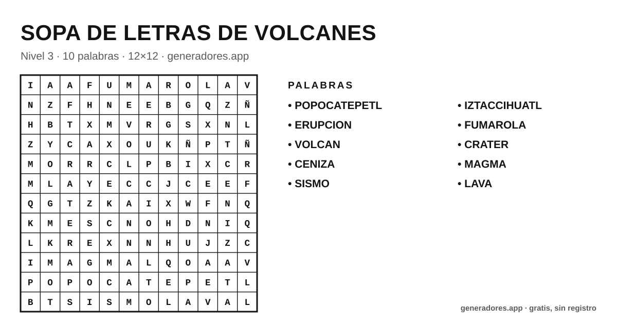 Sopa de letras de volcanes para imprimir